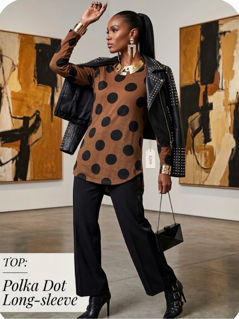 Anself Brown Black Polka Dot Tunic Top Long Sleeve Oversized Mod Boho 3XL